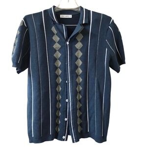 Grace Karin Men's Vintage Cuban Collar Knit Polo Shirt Black Stripe Size M